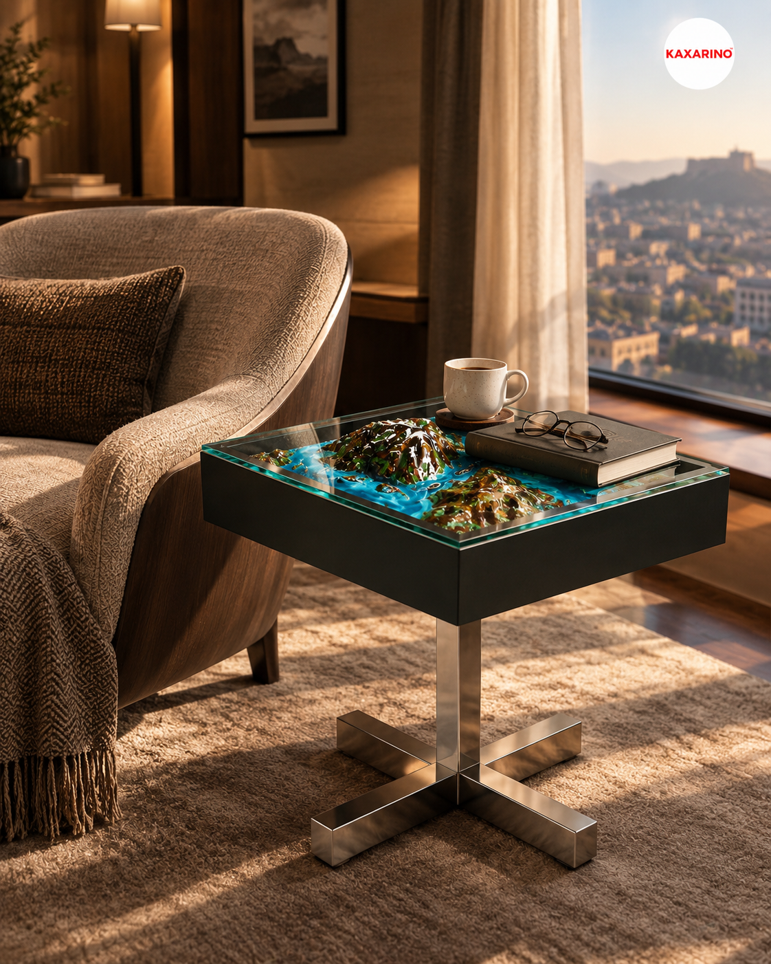 Coffee table with a resin and wood landscape surface